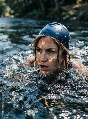 Woman swimming in natural water wearing swim cap determined expression.