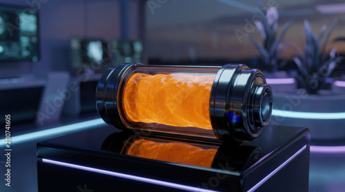 Futuristic fuel cell concept with glowing orange plasma in sleek laboratory setting