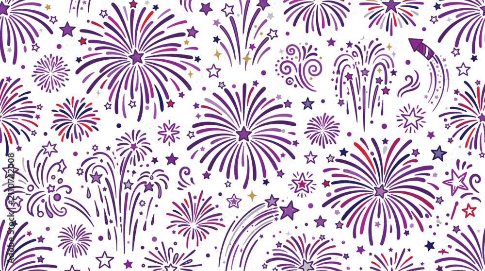 Fototapeta premium Seamless festive pattern of vibrant purple and pink fireworks exploding in night sky, celebrating holiday and special occasions, abstract design.