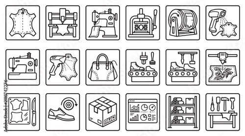 Cuadro en lienzo Leather industry icons set, 18 outline vector symbols for tannery and shoemaking
