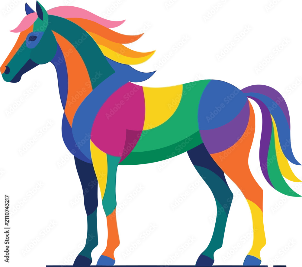 Obraz premium Horse rendered in vibrant geometric segments stands tall against white backdrop.