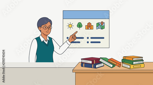 Female teacher pointing at educational whiteboard in classroom.
