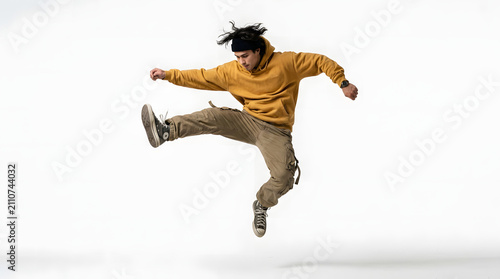 Young man performing dynamic jump in casual yellow hoodie.