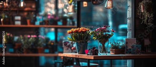 A flower shop interior with a wooden table. Various colorful flowers adorn it