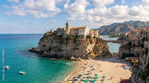 Former 4th century monastery on top of the Sanctuary of Santa Maria Island - Tropea, Calabria, Italy. Tropea Beach at Tyrrhenian Sea.
