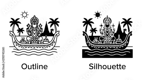 Принти на полотні Boat Deity Illustration: This graphic showcases a serene deity seated in a boat, surrounded by palm trees and mountains, depicted in both outline and silhouette forms