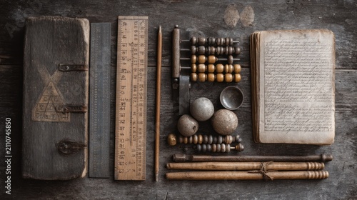 Antique arithmetic items book, ruler, abacus, pencil, and globes on aged, weathered wooden boards