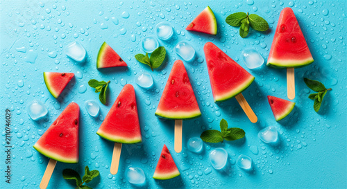 Watermelon popsicles on wooden sticks, fresh fruit slices with ice cubes and mint leaves, summer food concept on blue background with water drops