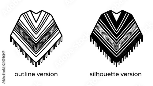 Fotografía Poncho Iconography: Two distinct representations of a poncho, an outline version and a silhouette version, showcase traditional patterns and fringed edges