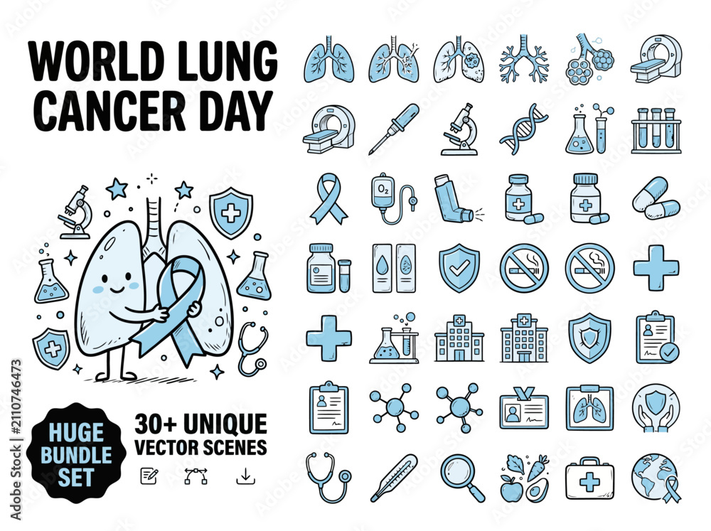 Fototapeta premium World Lung Cancer Day vector icon set, medical oncology awareness bundle with 30+ unique scenes, blue healthcare symbols for respiratory health