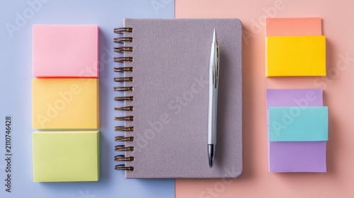 Notebook, pen, and colorful sticky notes on two-tone blue and peach background
