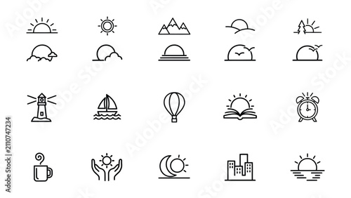 Collection of Minimalist Line Icons Depicting Various Weather Scenes and Daily Activities with Transparent Background