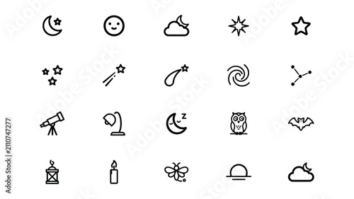 Collection of minimalist night sky and astronomy icons with celestial objects and symbols on transparent background