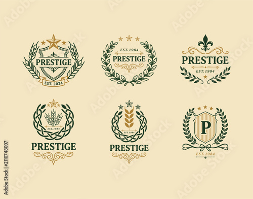 Elegant crest logo collection with shield laurel wreath and fleur de lis for heritage branding