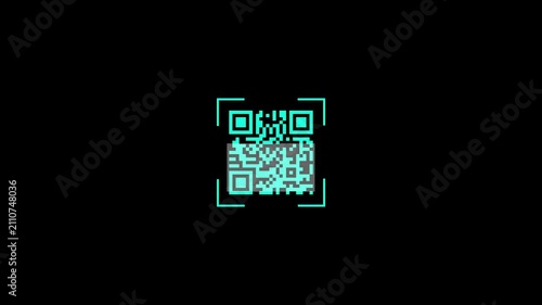 Glowing scan icon showing scanner processing code, which is a scan concept. Animated QR code scan icon loop on black screen chroma key, digital payment and barcode reader motion graphic.