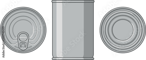 Metallic tin food can vector mockup set showing front top with pull ring tab and bottom views isolated on white