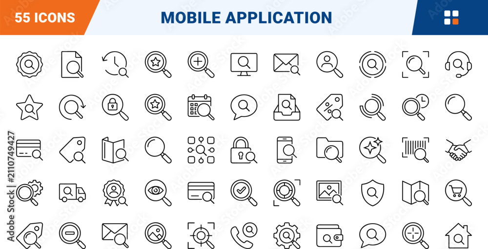 Obraz premium Mobile tool line icon set. Vector pictograms of application, search, interface, and utility elements, thin linear illustration.