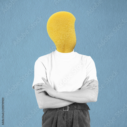Creative collage illustration art with a person having a yellow sponge for a head on blue background. Grunge, motion, noise and blur effect applied