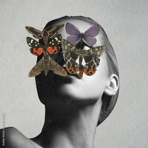 Abstract collage illustration of woman's face in black and white with colorful butterflies and moths covering her eyes. Grunge, motion, noise and blur effect applied