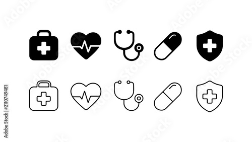 Medical Healthcare Icon Set in Solid and Outline Style Vector