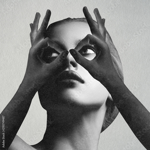 Abstract collage illustration of woman using hands to frame eyes, looking up and searching for new vision. Grunge, motion, noise and blur effect applied