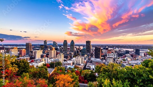 Aerial view of a city skyline at sunset, with colorful clouds, water, and autumn foliage. Buildings dominate the cityscape