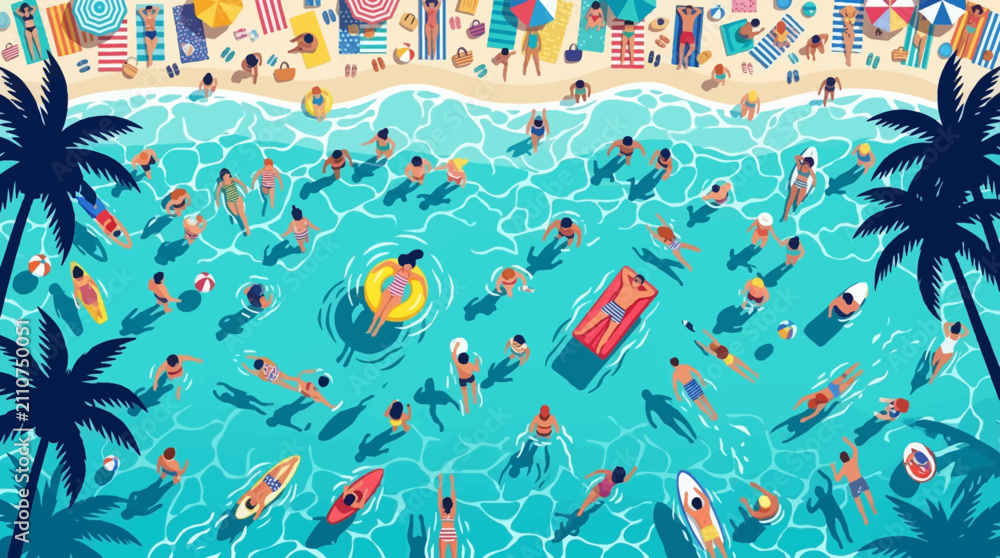 Fototapeta premium Overhead view of a vibrant tropical beach with people swimming in turquoise water, sunbathing on towels, and palm trees framing the scene in a flat vector illustration style for summer.