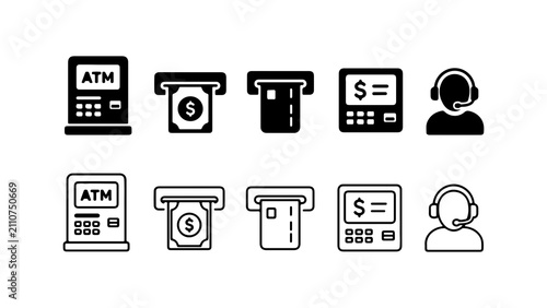 ATM Banking Transaction and Customer Service Icon Set Vector