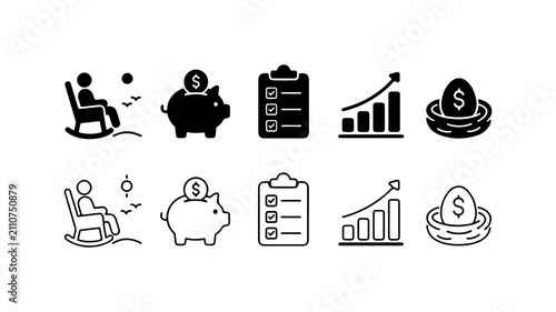 Fotografía Retirement Financial Planning Icons Set in Silhouette and Outline Styles