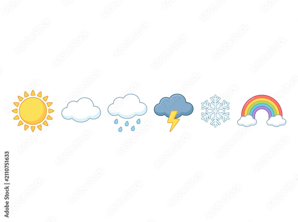Obraz premium A collection of six colorful weather icons including sun cloud rain storm snow and rainbow.