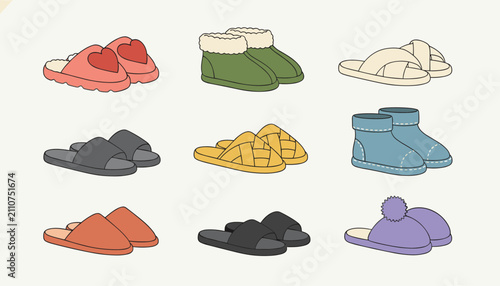 Collection of cozy and colorful indoor slippers and winter house shoes isolated on a warm cream background.