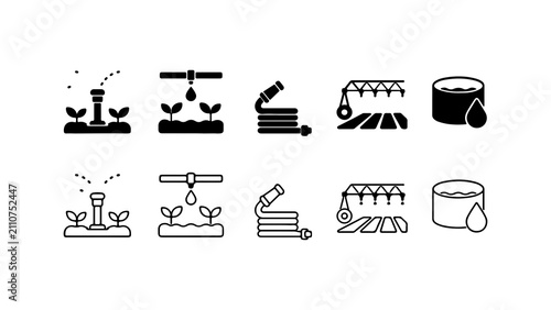 Bild auf Leinwand Irrigation and Watering System Icons in Silhouette and Outline Style Vector