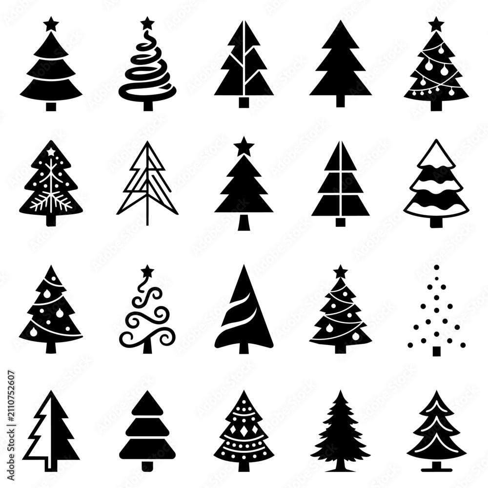 Obraz premium Set of black Christmas tree vector icons