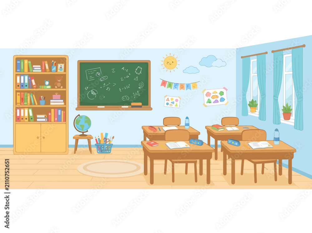Fototapeta premium Empty school classroom vector illustration with desks and blackboard.