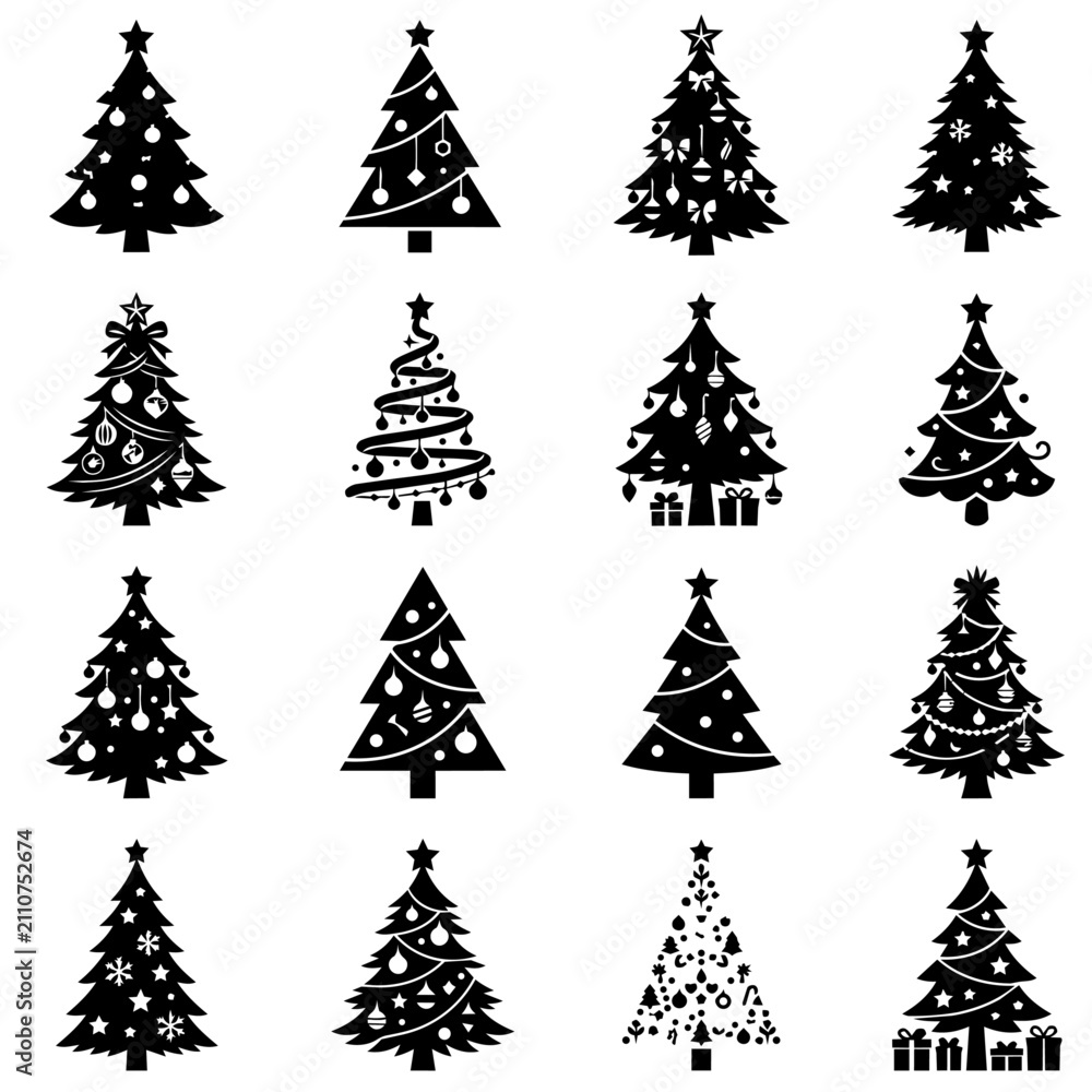 Obraz premium Set of black Christmas tree silhouettes with decorations