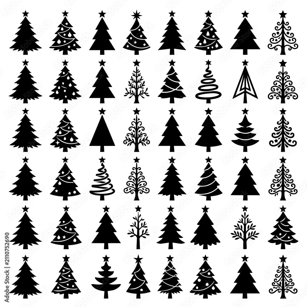 Obraz premium Set of black Christmas tree vector icons and silhouettes