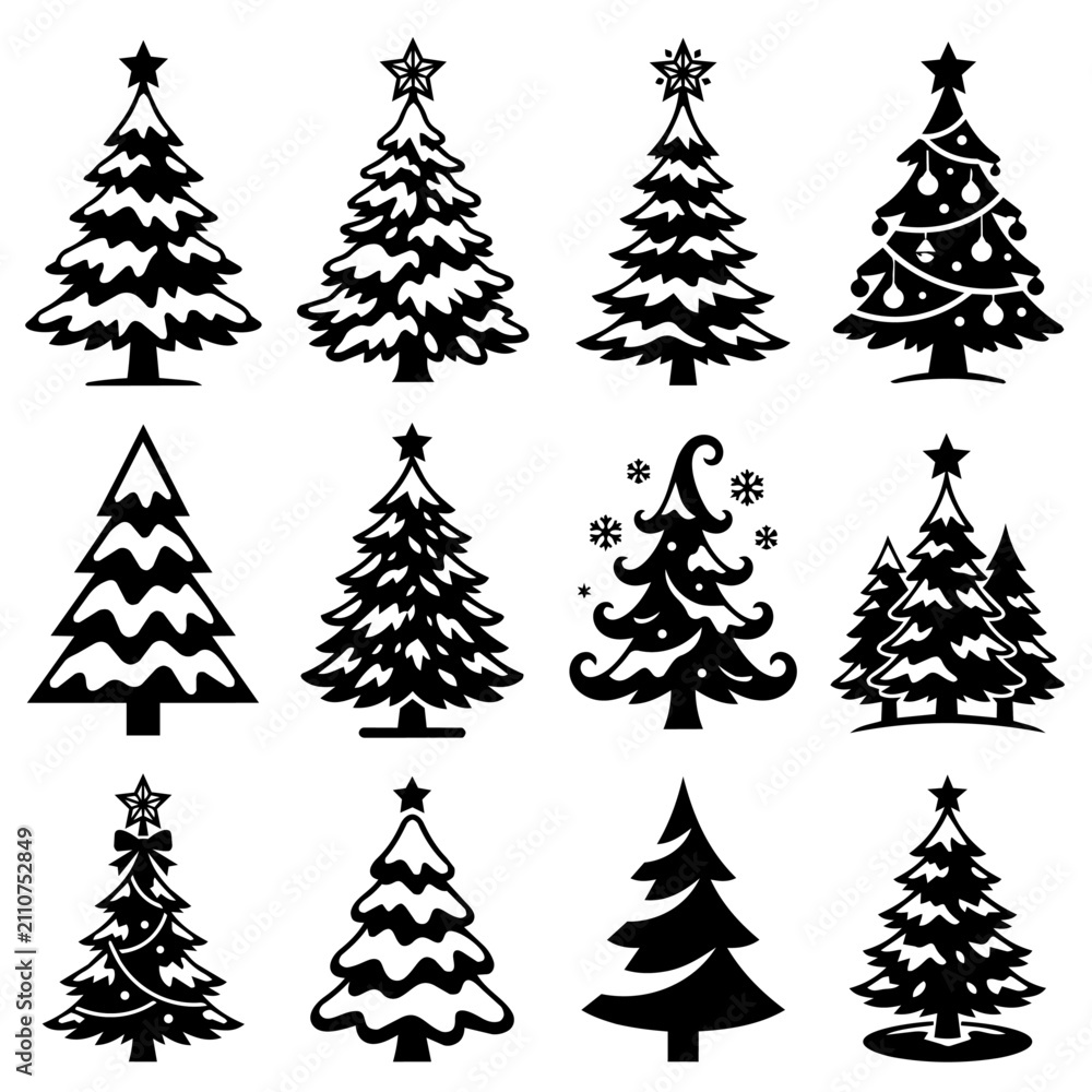 Obraz premium Set of Black and White Christmas Tree Icons Vector