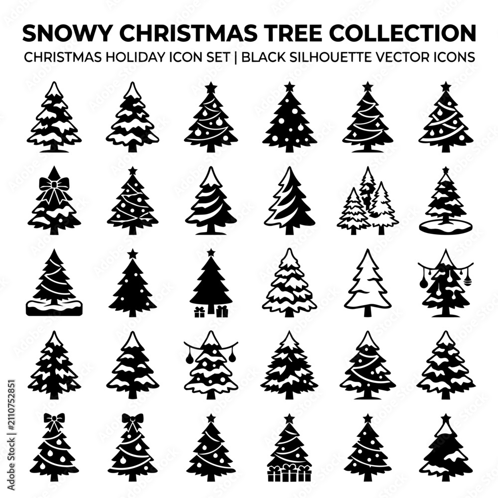 Obraz premium Set of Black Snowy Christmas Tree Silhouette Vector Icons