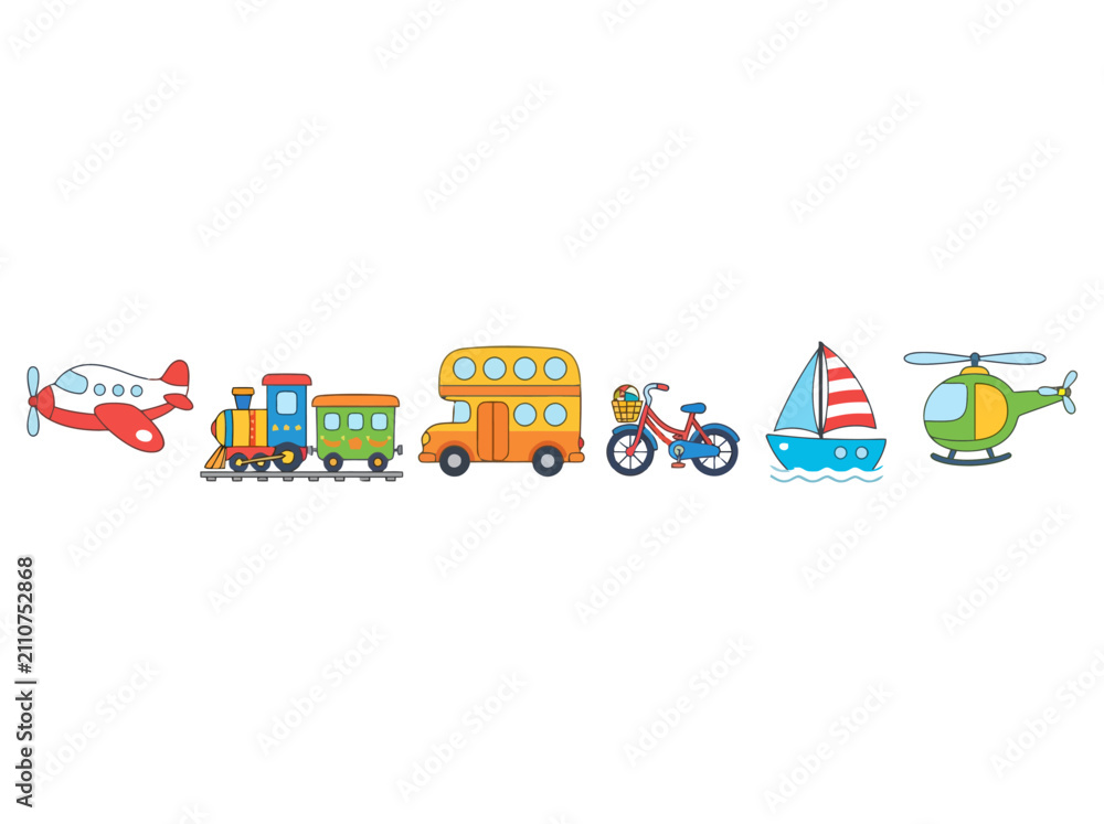 Naklejka premium A colorful collection of various cartoon vehicles arranged in a horizontal row.