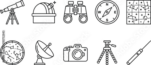 Astronomy Equipment Outline Icon Collection for Space Observation