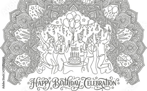 Group Of Friends Celebrating A Birthday Party With Mandala Art