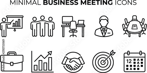 Professional Corporate Business Meeting Vector Outline Icon Set