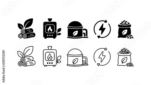 Foto Biomass Energy Icon Set in Solid Silhouette and Line Art Style