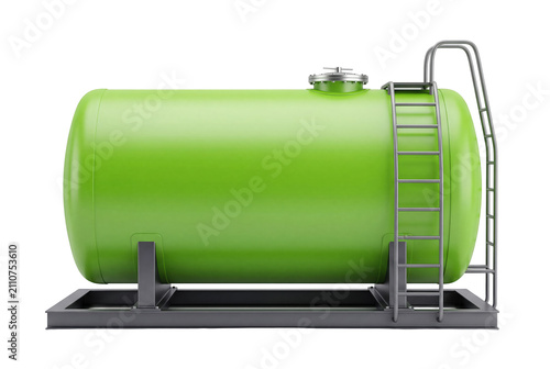 Industrial green horizontal storage tank with ladder with bright green on transparent background