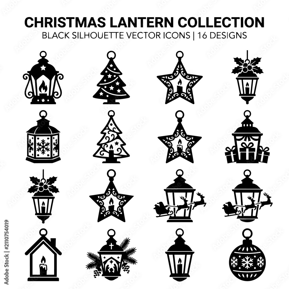 Fototapeta premium Christmas Lantern and Ornament Silhouette Vector Icons