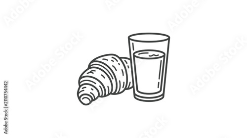 A simple line art illustration of a fresh croissant and a glass of milk