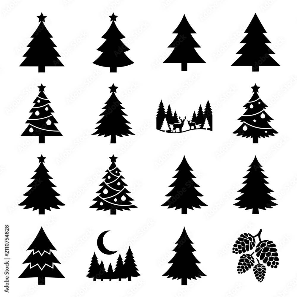 Obraz premium Black Christmas Tree Vector Icons and Forest Silhouette Set