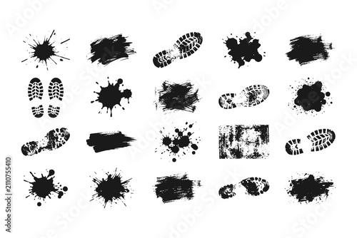 Collection of black ink splashes and rugged shoe prints isolated on a clean white background for creative graphic design projects