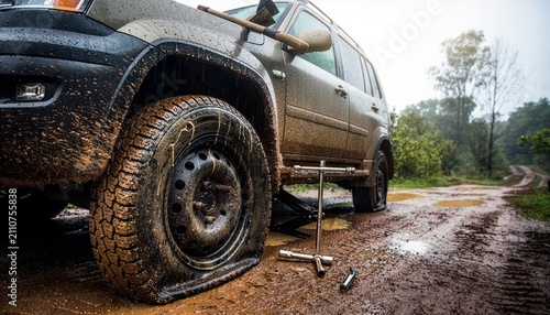 Flat tire on muddy road after rain.