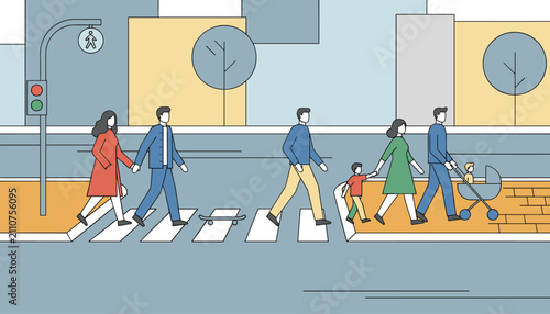 Group of diverse citizens walking across a pedestrian crosswalk in a modern city with trees and traffic lights.